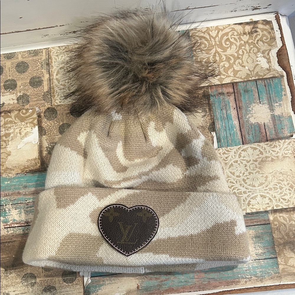 Beige and Brown Pom Pom Beanie